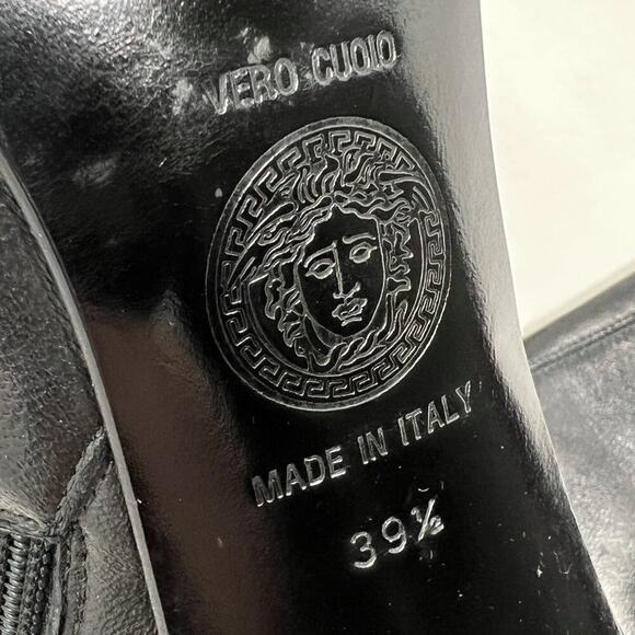 Versace Black Leather Knee High Boots 39.5 Square Toe Block Heel Italy - Picture 7 of 10
